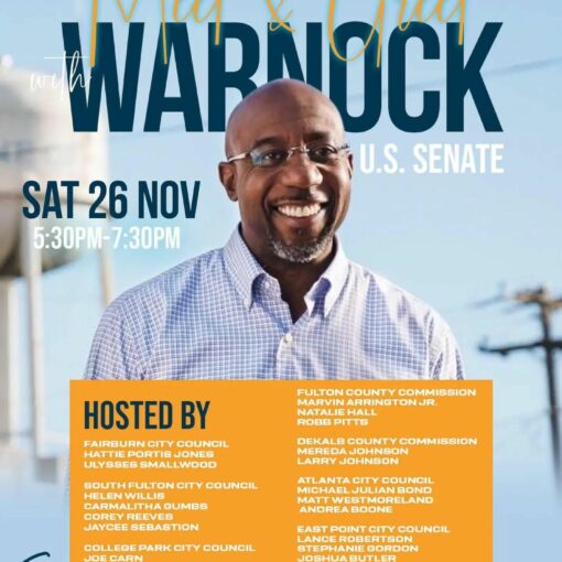 Everyone please repost and join us tomorrow from 530pm to 730pm @soigneatlanta for a Get OUT THE vote Meet & Greet with Reverend Senator @raphaelwarnock. Voting in Fulton County starts tomorrow Saturday, November 26th From 7am to 7pm. #VoteWarnock
