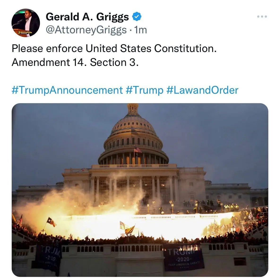 Reposted from @attorneygriggs US Constitution. Amendment 14. Section 3. 🇺🇸 No person shall be a President or hold any office, civil or military, under the United States, shall have engaged in insurrection or rebellion against the same, or given aid or comfort to the enemies thereof. #TrumpAnnouncement #Trump #Enough #Jan6th #insurrecution