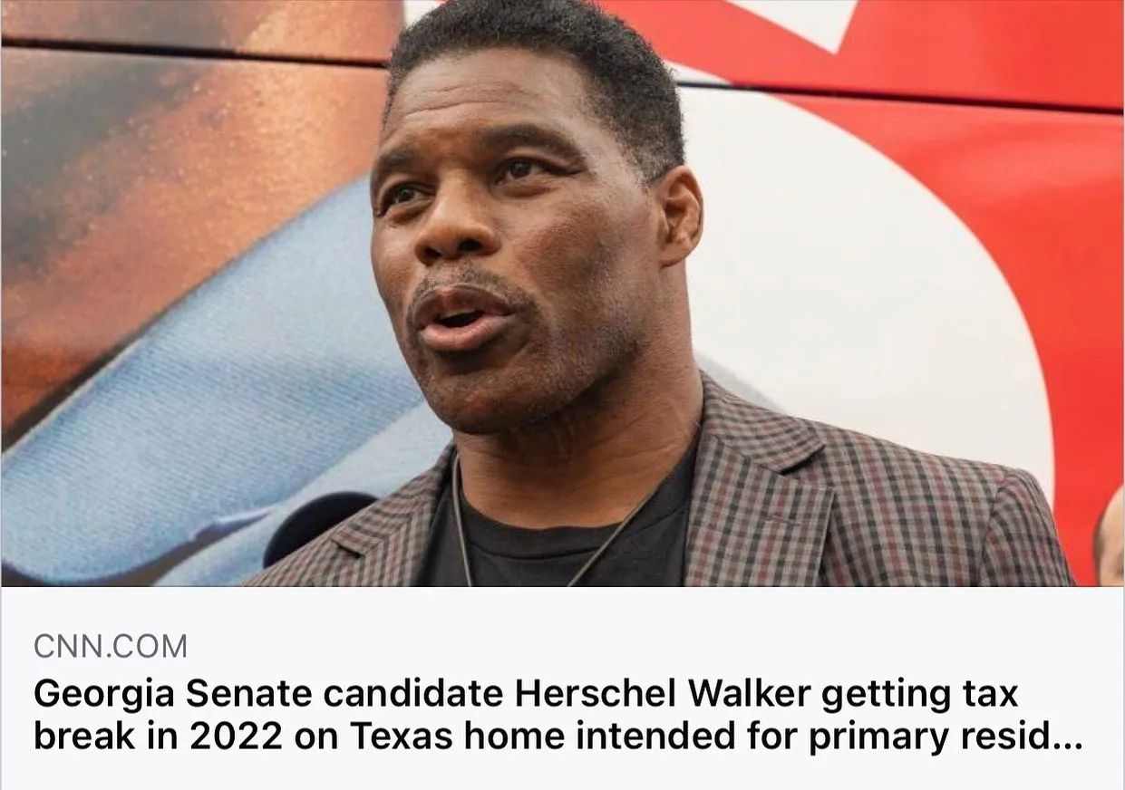 Reposted from @thetnholler ICYMI — Herschel Walker has been taking a tax break for a “primary residence” in Texas while running for office (and voting) in Georgia. 🤔 LINK IN BIO