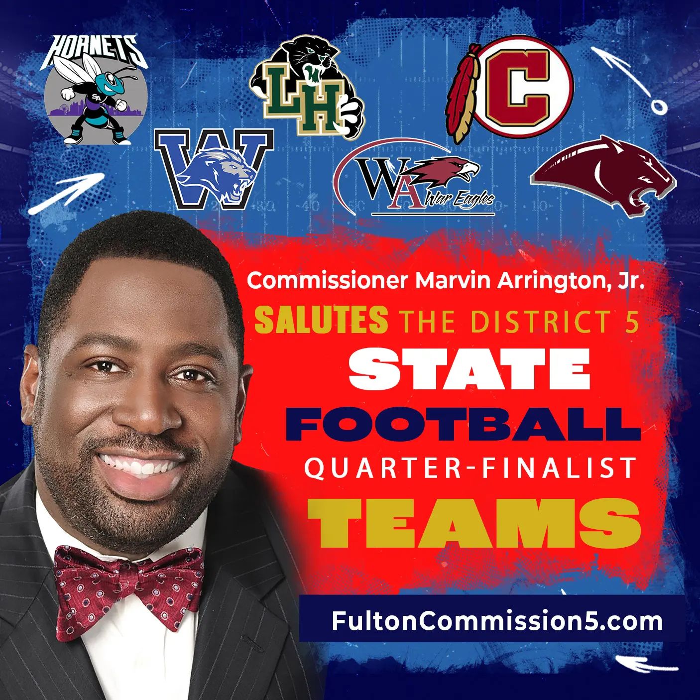 Salute to the District 5 High School Football Quarter Finalists @westlakehslions @langstonhughesfootball @woodwardacademy @creekside_tribe @sahs.athletics @carverathletics @fultoninfo #SelectFulton #D5WeReady #weready #highschoolfootball @franchescawarren_fcsdistrict4 @kimberlyrdove