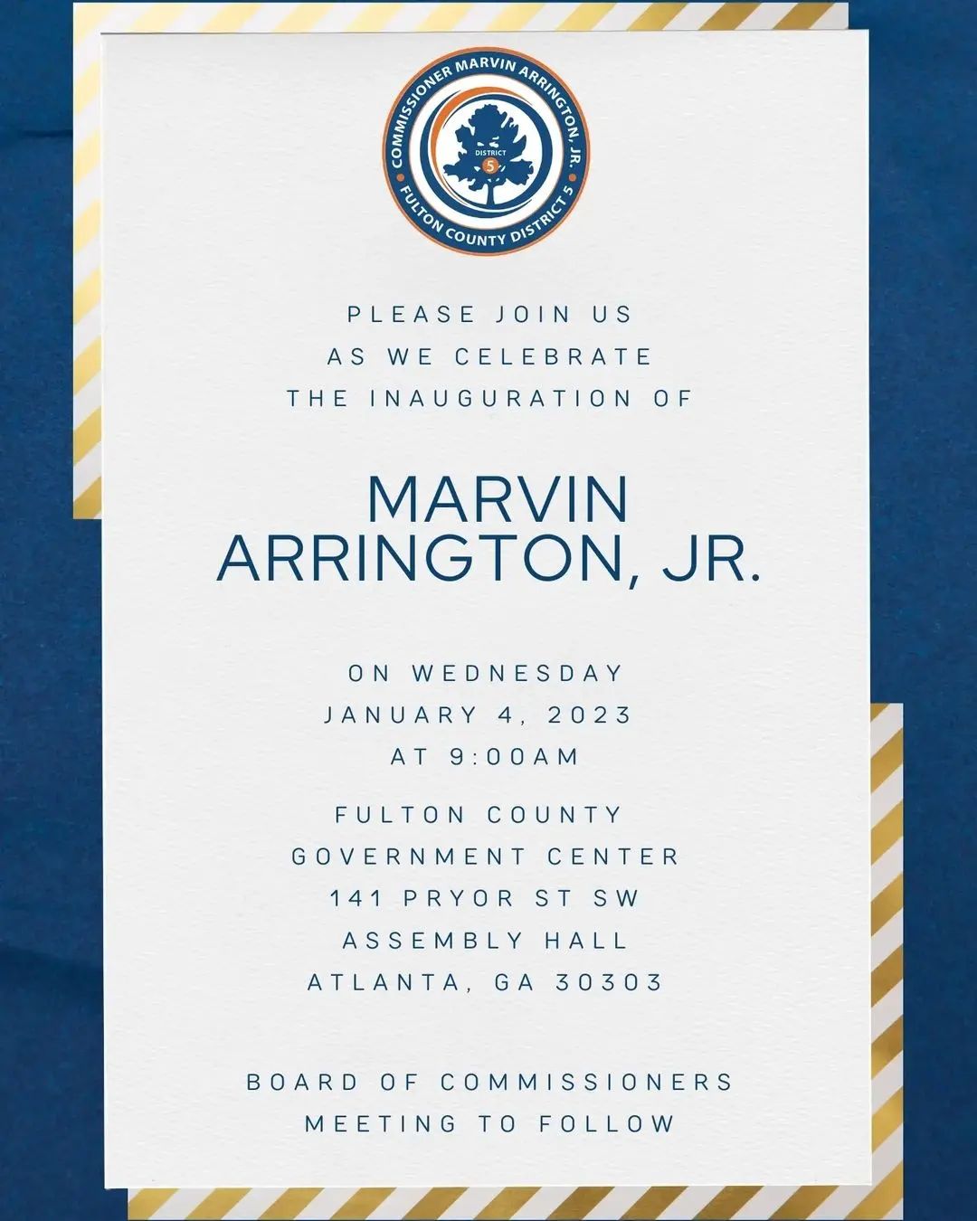 Reposted from @fultoncomm5 Please join me next Wednesday as I am sworn in for a 3rd term as Fulton County Commissioner for the new District 5.