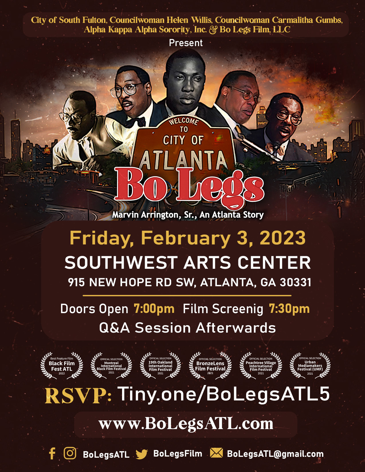 Tickets are now available for the Feb. 3 Bo Legs screening at the Southwest Arts Center! #OldAtlanta Presented by the City of South Fulton, Councilwoman Helen Willis, Councilwoman Carmalitha Gumbs, Alpha Kappa Alpha Sorority, Inc. & Bo Legs Film, LLC. Doors open at 7:00pm. Screening starts at 7:30pm. Tickets: tinyurl.com/BoLegsATL5 @cosfga @hzw1 @reelectcarmalithagumbs @swatsnation @urbanfilmreview @docujourney_productions @cutclosefilms @shoot2films @ricmathis @bolegsatl #BoLegs #BoLegsFilm #MarvinArringtonSr #Legacy #ATL #Atlanta #History #BlackHistory #Cinema #BlackCinema #Feature #Featured #FilmCommunity #FilmEdit #Film #Director #Georgia #Feature #IndieFilm #Documentary #Viewing #Independent #Indiefilm #Premiere #Streaming #SWATS