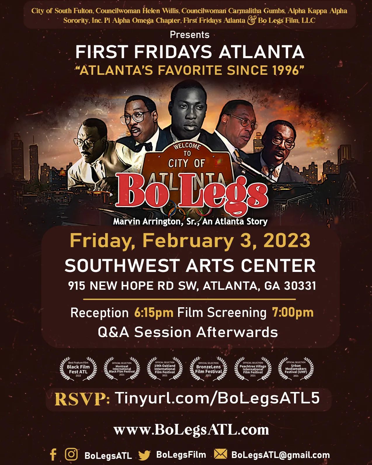 Do you know about the Peyton Rd Wall that was erected to keep blacks from moving to Southwest Atlanta? Bring your family to learn some Atlanta Black history. From Coach L. S.Epps to Lonnie King, from Mayor Shirley Franklin to Mayor Keshia Lance Bottoms and from Mayor Maynard Jackson to Mayor Andre Dickens. There are many Atlanta stories to be told. Bo Legs: Marvin Arringron, Sr, an Atlanta story Friday, February 3, 2023 S.W. Arts Center 7pm Www BoLegsATL.com @cosfga @hzw1@cosfdistrict3 @carmva1 @councilwomangumbs @swatsnation @urbanfilmreview @blkhistfilmfest #bolegs #bolegsfilm #Atlanta #atl #oldatlanta #swats #FirstFridaysAtlanta