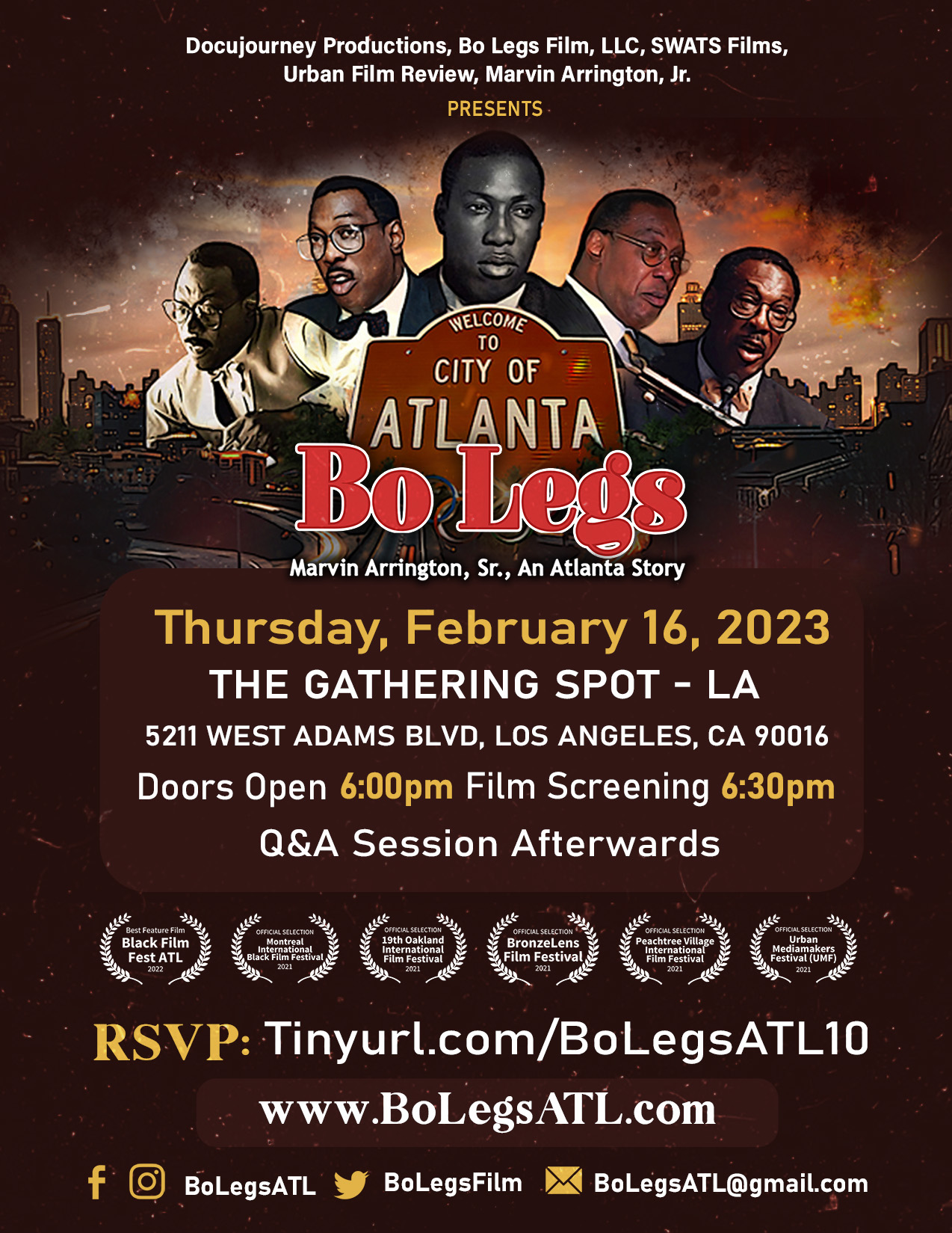 Get tickets the Bo Legs Screening at The Gathering Spot Los Angeles on Feb. 16th! This is a must see documentary on Marvin Arrington, Sr. takes viewers on the journey of one man’s love for a city and his visionary work for its eventual transformation. Battling through the blows of racism and meshing with political opponents over the years Marvin “Bo Legs” Arrington not only found his way but made his mark in civic duty and social justice. Get Tickets: Tinyurl.com/BoLegsATL10 Learn more about the documentary, see behind the scenes footage, and discover new history highlights at BoLegsATL.com . @urbanfilmreview @docujourney_productions @cutclosefilms @shoot2films @ricmathis @bolegsatl #BoLegs #BoLegsFilm #MarvinArringtonSr #Legacy #ATL #Atlanta #History #BlackHistory #Cinema #BlackCinema #Feature #Featured #FilmCommunity #FilmEdit #Film #Director #Georgia #Feature #IndieFilm #Documentary #Viewing #Independent #Indiefilm #Premiere #Streaming #SWATS