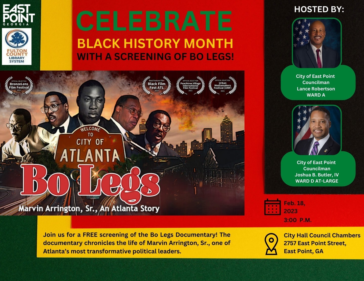 Join us tomorrow as we honor Black History Month a special screening of Bo Legs, hosted by the City of East Point! This is a must see documentary on Marvin Arrington, Sr. takes viewers on the journey of one man’s love for a city and his visionary work for its eventual transformation. Battling through the blows of racism and meshing with political opponents over the years Marvin “Bo Legs” Arrington not only found his way but made his mark in civic duty and social justice. Register at tinyurl.com/BoLegsATL15 . @cityofeastpoint @eastpointcitycouncilmanlance @joshuabbutleriv @urbanfilmreview @docujourney_productions @cutclosefilms @shoot2films @ricmathis @bolegsatl #BoLegs #BoLegsFilm #MarvinArringtonSr #Legacy #ATL #Atlanta #History #BlackHistory #Cinema #BlackCinema #Feature #Featured #FilmCommunity #FilmEdit #Film #Director #Georgia #Feature #IndieFilm #Documentary #Viewing #Independent #Indiefilm #Premiere #Streaming #SWATS