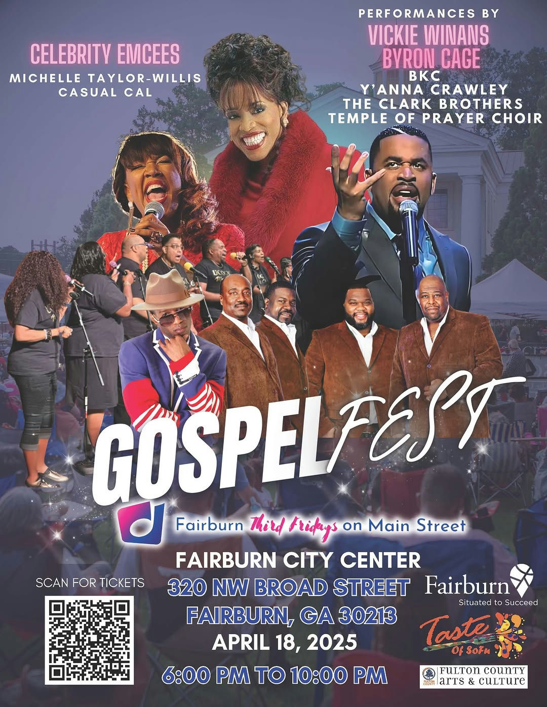 Get ready for an incredible evening of praise and celebration at the Fairburn Third Friday Concert Series 2025! On April 18, 2025, from 6:00 PM to 10:00 PM, the Fairburn City Center transforms into a soul-stirring venue featuring Gospel Fest. Hosted by the remarkable Michelle Taylor-Willis and Casual Cal, this event promises powerhouse performances from gospel legends Vickie Winans, Byron Cage, and more. Bring the entire family for an unforgettable night filled with uplifting music, community spirit, and cultural excellence. Secure tickets now by scanning the QR code on the official flyer. Make sure to mark your calendars and be part of this extraordinary celebration! #OneFairburn #GospelFest #FairburnStrong #CelebrateBlackExcellence #GospelSinger #FairburnGA