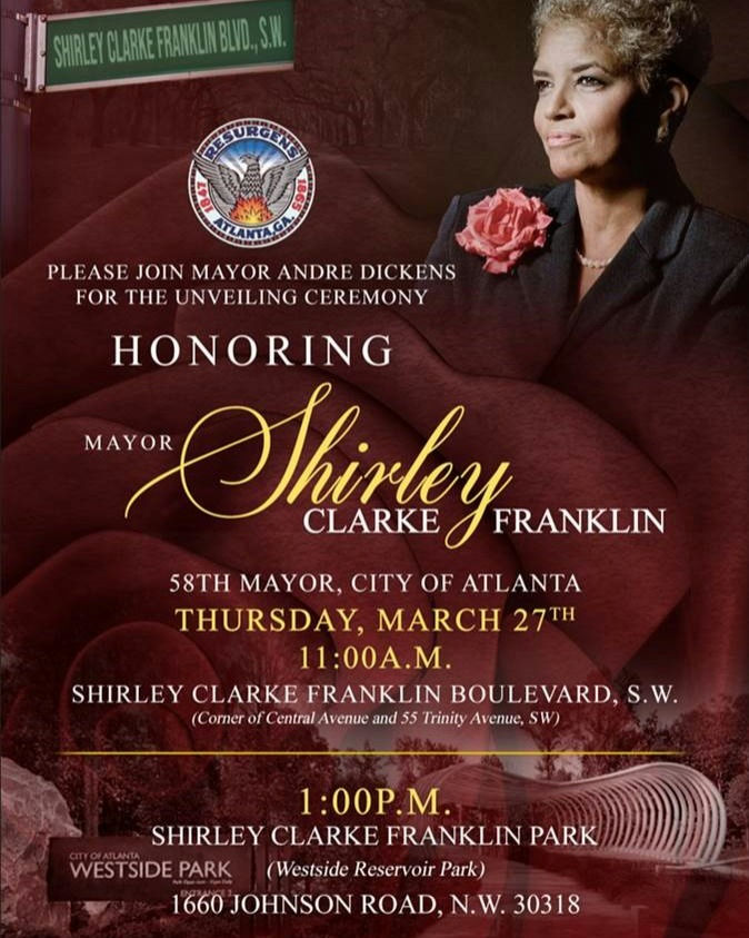 Join the celebration on March 27 as City proudly unveils Shirley Clarke Franklin Boulevard, SW and Shirley Clarke Franklin Park. Experience the vibrant spirit of Atlanta and honor the legacy of its 58th mayor. This landmark occasion kicks off at 11 a.m. at the corner of Central Ave. and 55 Trinity Ave., SW, followed by the park unveiling at 1 p.m. at 1660 Johnson Road, NW. Shirley Clarke Franklin Park Unveiling Date: Thursday, March 27 Time: 1 p.m. Location: 1660 Johnson Road, NW Everyone is invited to this free event to honor a remarkable legacy. #AtlantaEvents #CityOfAtlanta #ShirleyClarkeFranklin #CommunityCelebration #PublicUnveiling